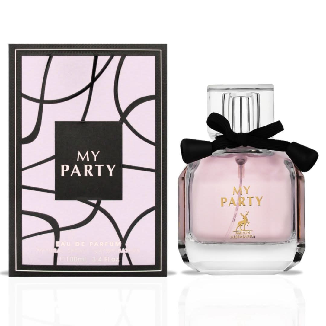Maison Alhambra My Party Eau de Parfum spray 100ml bottle with elegant packaging and floral design.