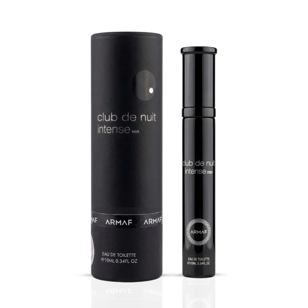 Travel size Armaf Club De Nuit Intense Man Eau de Toilette spray, 10ml, with sleek bottle and packaging in the image.