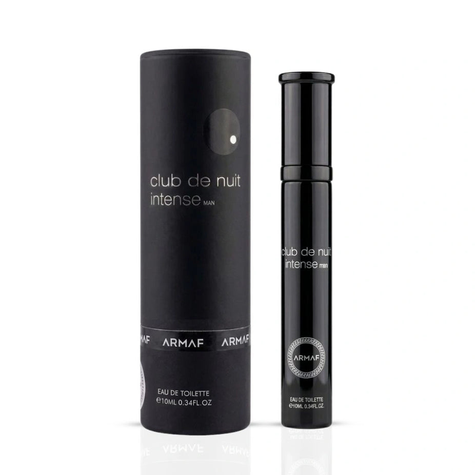 Travel size Armaf Club De Nuit Intense Man Eau de Toilette spray, 10ml, with sleek bottle and packaging in the image.
