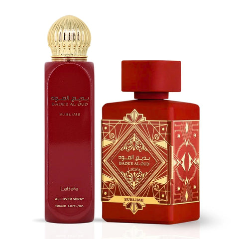 Bad'ee Al Oud Sublime Eau de Parfum Spray 100ml (3.4 oz) & All Over Spray 150ml (5.07 oz) by Lattafa | Scent That Stays With You (Bundle) - Intense Oud