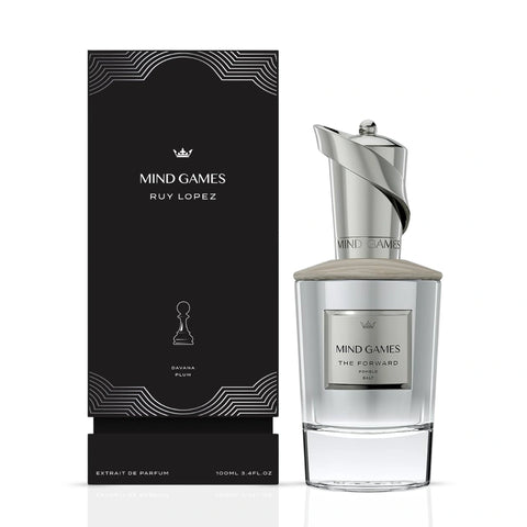 Mind Games The Forward Extrait de Parfum 100ml bottle, elegant glass container with a black cap, showcasing a luxurious EDP fragrance