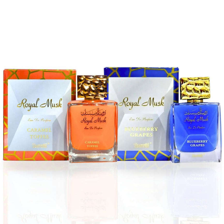 Surrati Royal Musk Caramel Toffee and Blueberry Grapes Eau De Parfum sprays in 100ml bottles, displayed in a bundle.