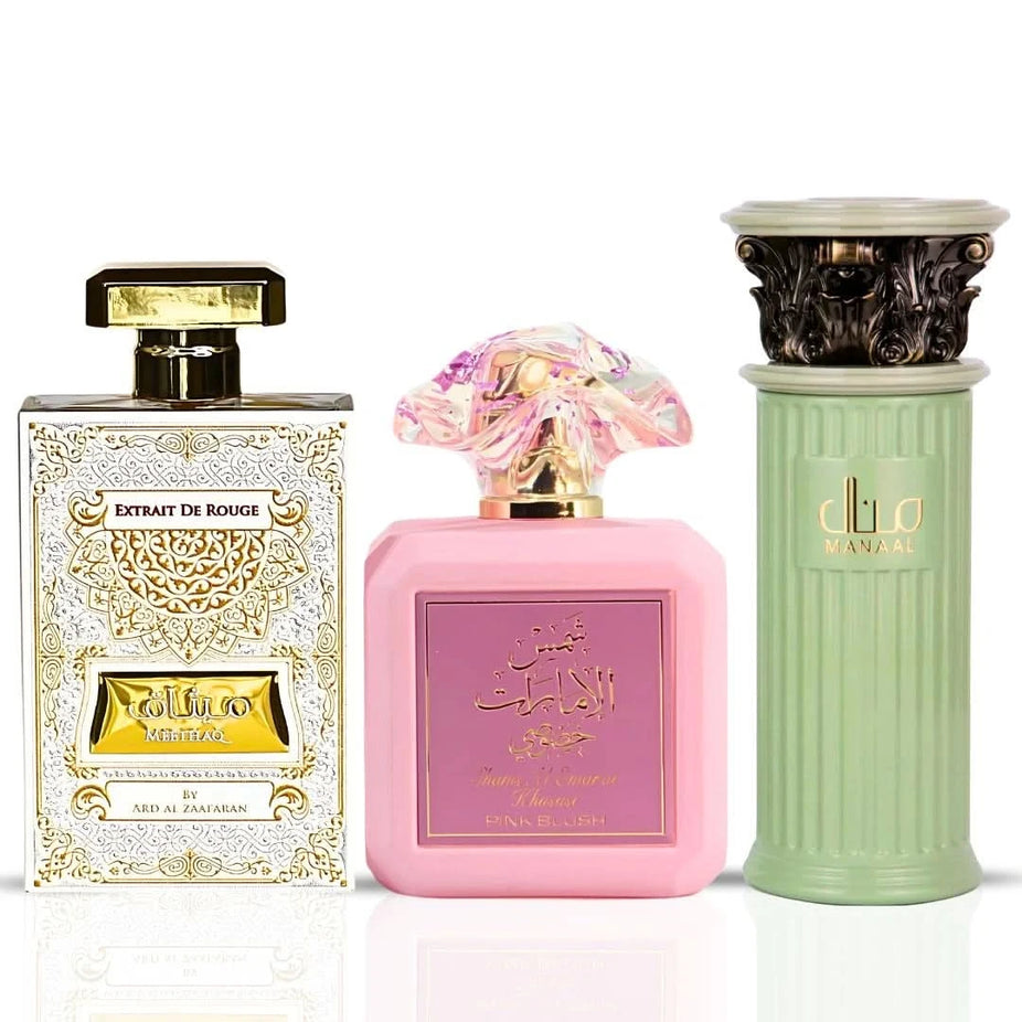 Pink Blush, Meethaq Rouge, and Manaal Eau de Parfum sprays by Ard Al Zaafaran in a 100ml bundle, displayed with their perfume bottles.