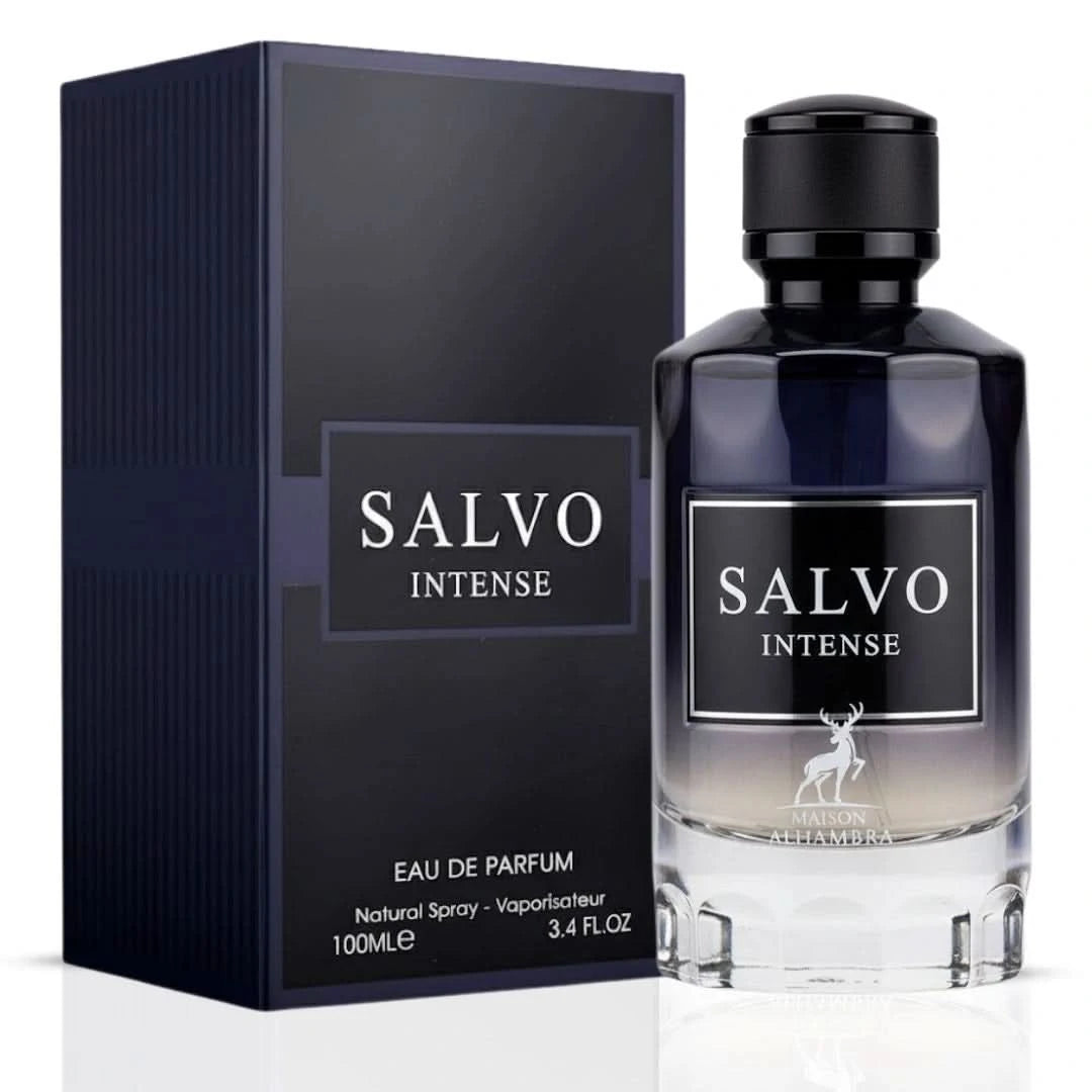 Maison Alhambra Salvo Intense Eau de Parfum spray 100ml bottle with sleek design and elegant packaging.