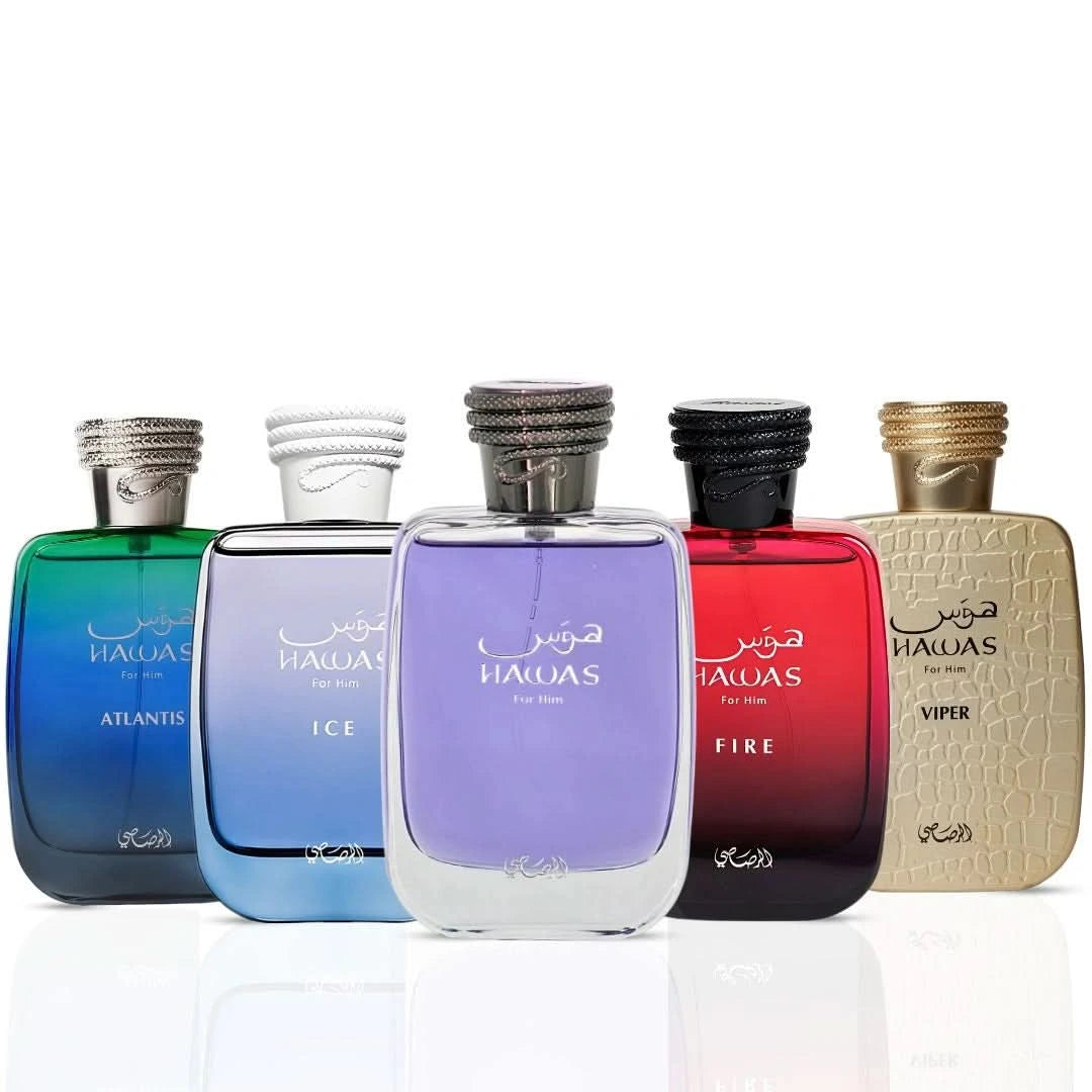 Rasasi Hawas, Hawas Ice, Fire, Viper & Atlantis Eau de Parfum sprays in 100ml bottles, displayed as a fragrance bundle.