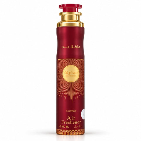 Lattafa Sakeena Air Freshener 300ml bottle with floral and citrus scent, featuring a sleek design and spray nozzle.