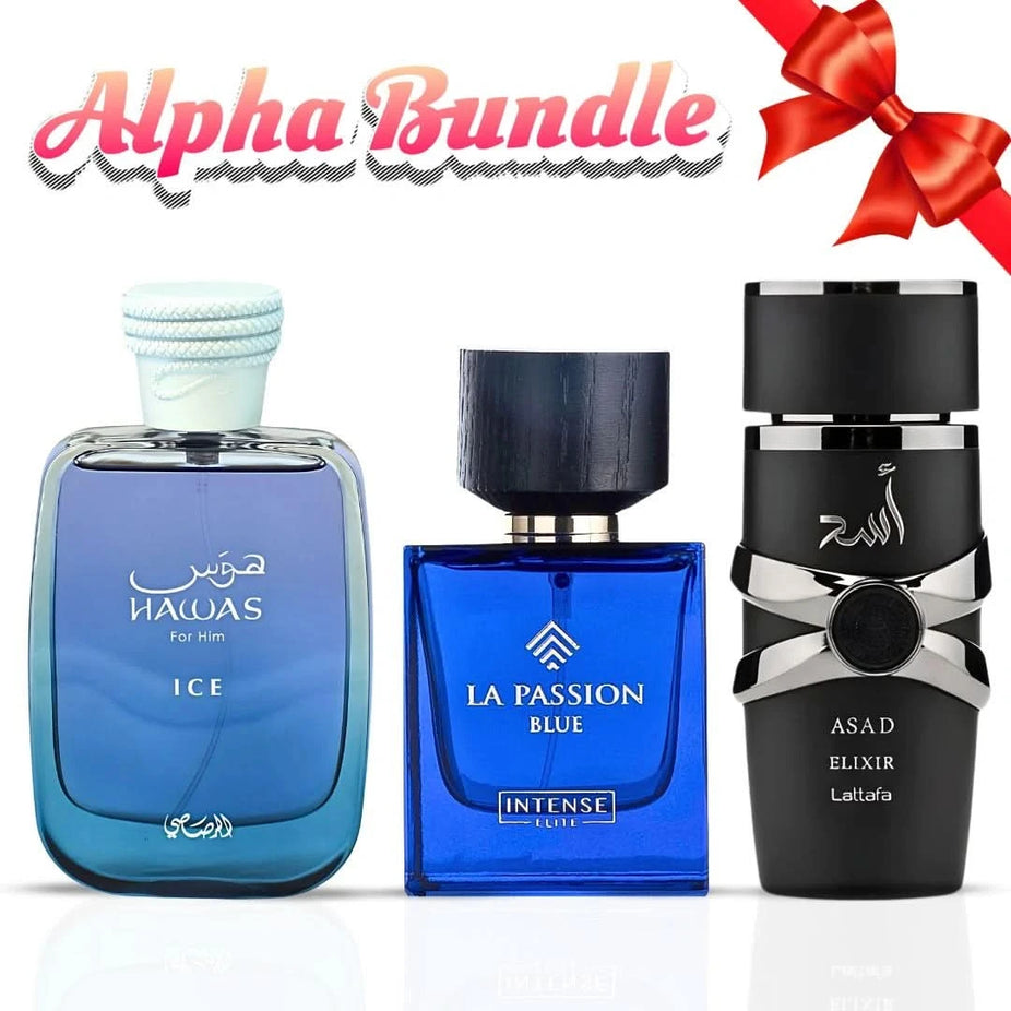 Bundle of three 100ml Eau de Parfum sprays featuring Hawas Ice by Rasasi, La Passion Blue by Intense Elite, and Asad Elixir by Lattafa.