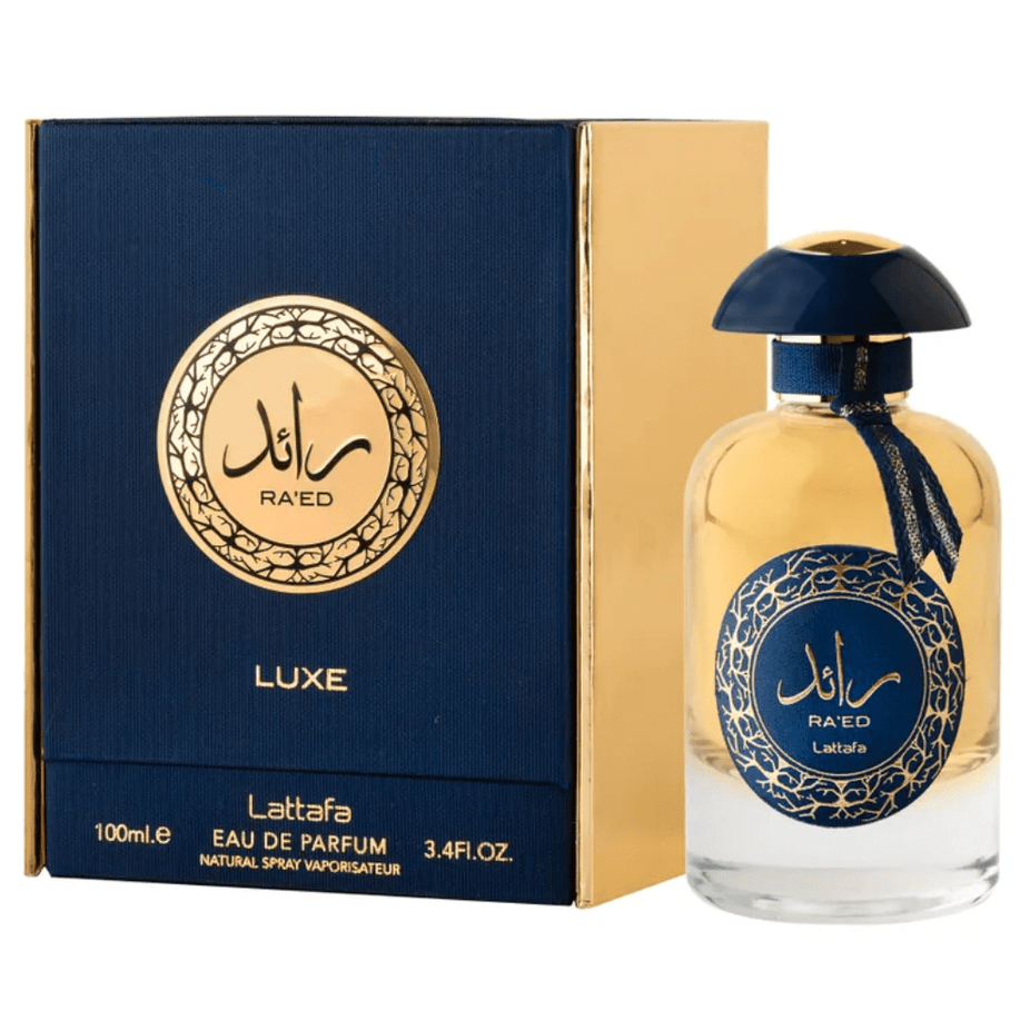 Lattafa Ra'ed Gold Luxe Eau De Parfum 100ML bottle with gold accents, elegant packaging, and fragrance details.