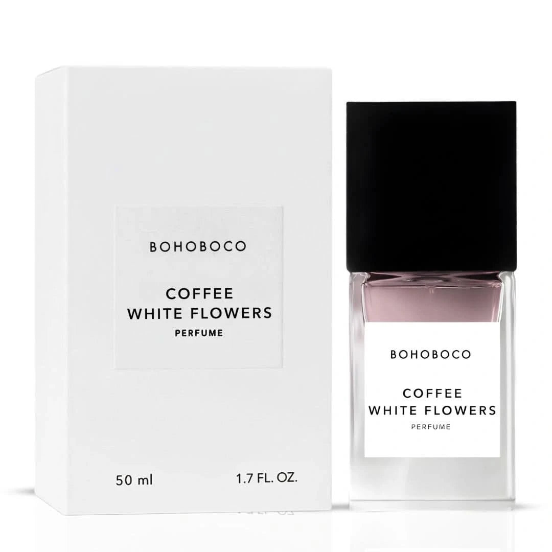 Bohoboco Coffee White Flowers Eau de Parfum spray bottle, 50ml, with elegant floral and coffee scent design.