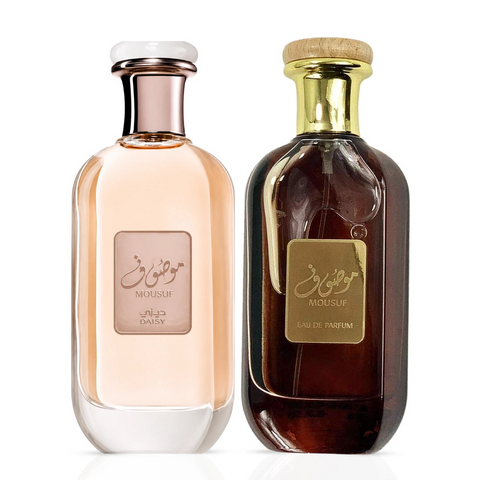 Bundle of Mousuf & Mousuf Daisy Eau de Parfum sprays by Ard Al Zaafaran, featuring two 100ml bottles with elegant perfume packaging.