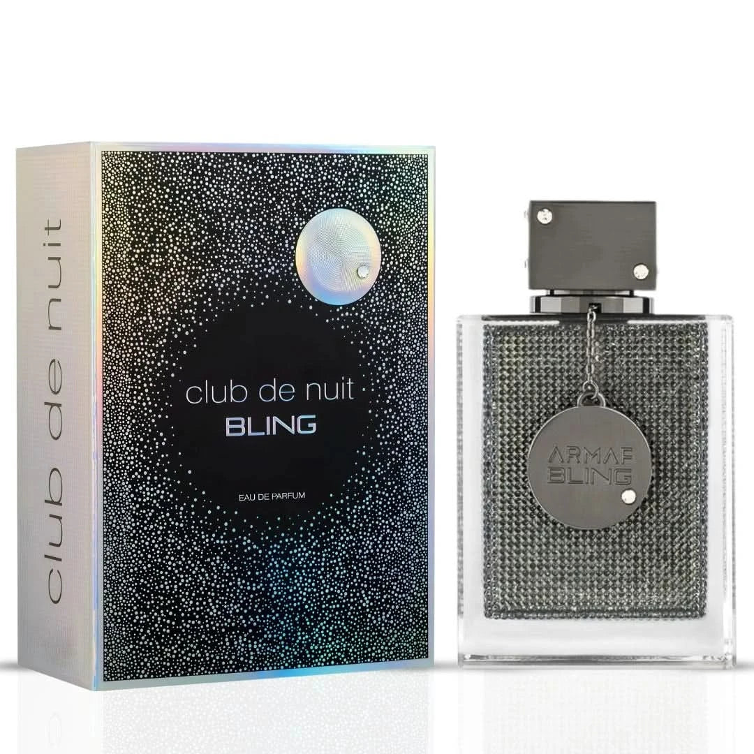 Armaf Club de Nuit Bling Eau de Parfum spray 75ml with a sleek, shiny bottle reflecting light, showcasing luxury fragrance packaging.