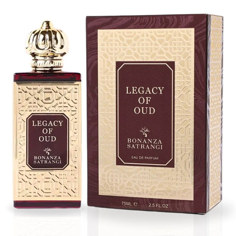 Legacy of Oud Eau de Parfum spray by Bonanza Satrangi, 75ml bottle with elegant packaging and fragrance details visible.