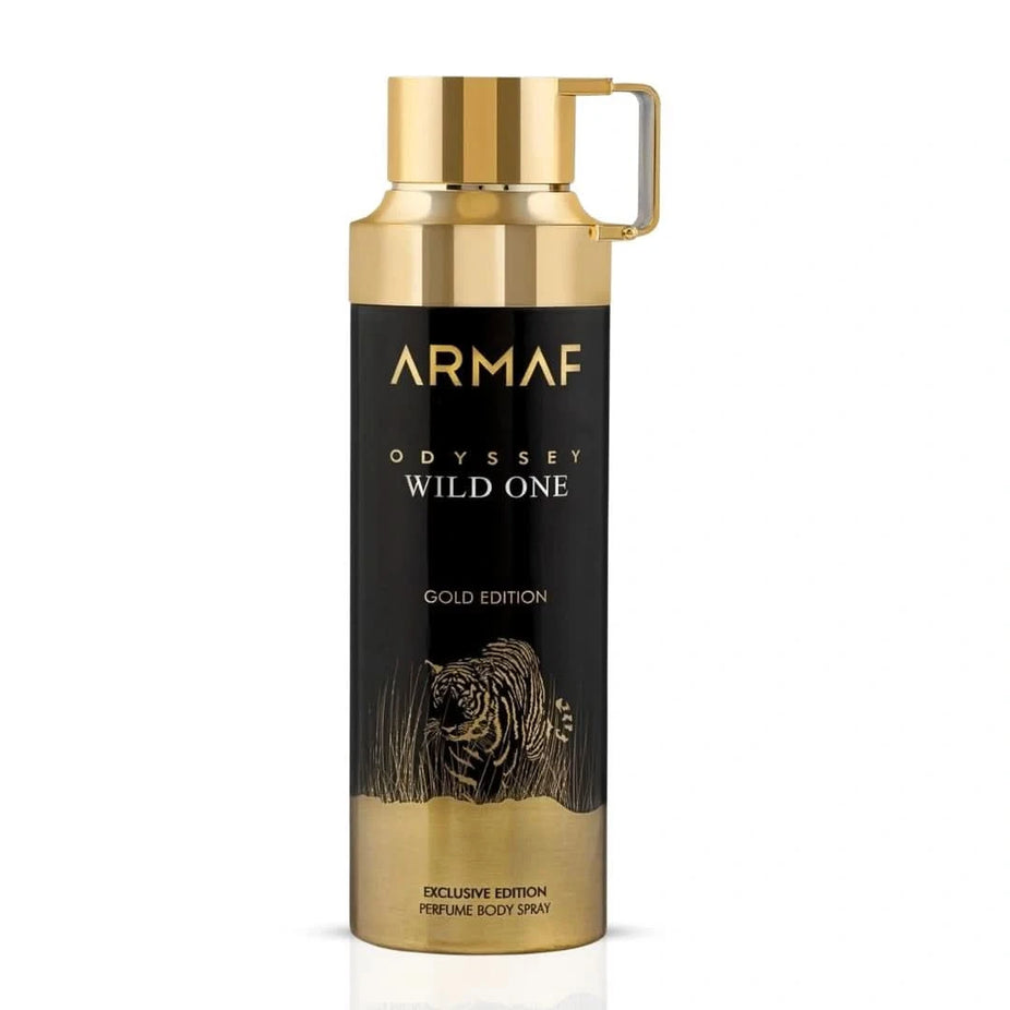 Odyssey Wild One Gold Edition deodorant spray by Armaf, 200ml bottle with gold accents on the packaging.