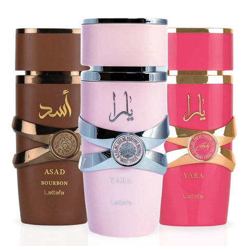 Lattafa Yara Candy and Asad Bourbon Eau de Parfum Spray bundle, 100ml bottles with elegant packaging and branding.