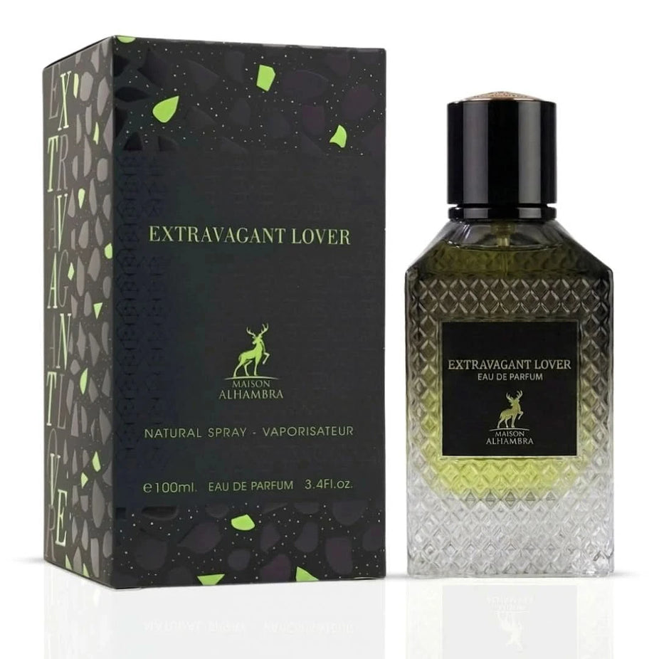 Maison Alhambra Extravagant Lover Eau de Parfum spray bottle, 100ml, featuring elegant packaging and the perfume's luxurious design.