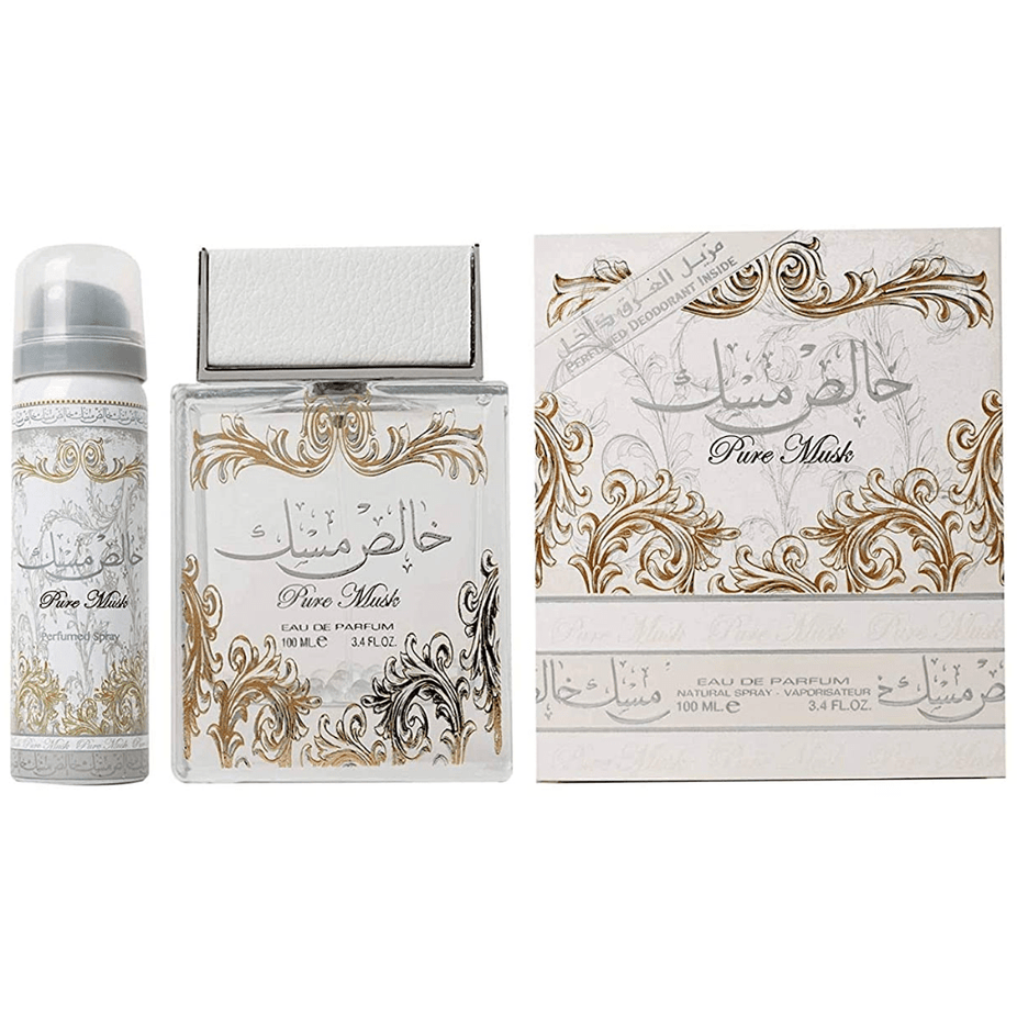 Lattafa Pure Musk Eau de Parfum spray 100ml bottle with sleek design and elegant fragrance packaging.