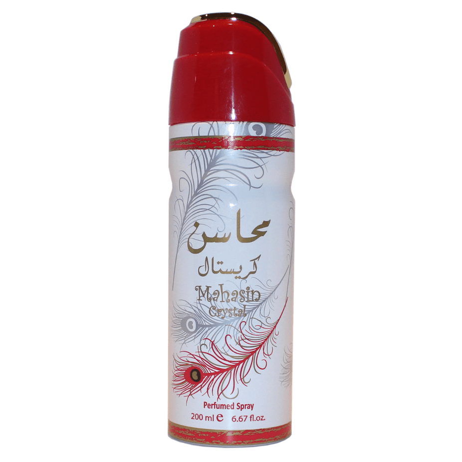Lattafa Mahasin Crystal deodorant for women in 200ML bottle, clear gel with pink and white packaging, natural scent, and smooth texture.