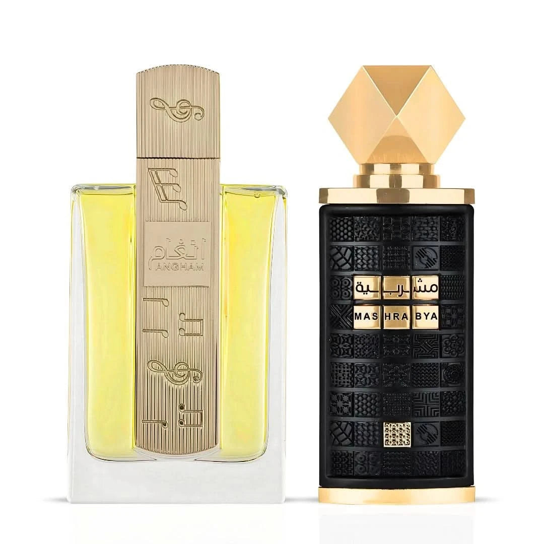 Lattafa Angham & Mashrabya Eau de Parfum sprays bundle, 100ml each, featuring elegant bottles with intricate designs.