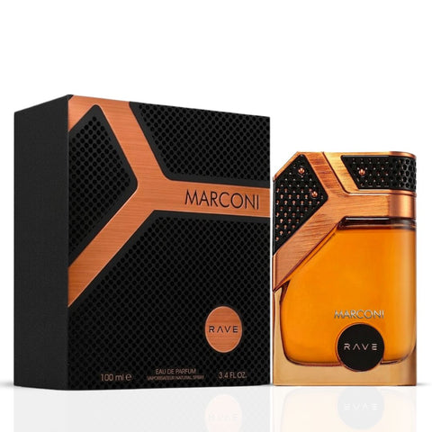 Marconi Eau de Parfum Spray by RAVE, 100ml, showing the elegant perfume bottle with a sleek design and gold accents.