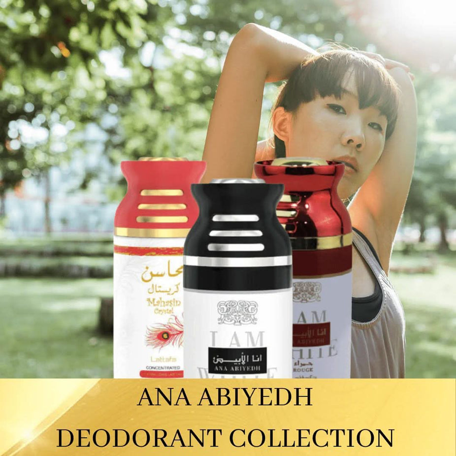 Lattafa Ana Abiyedh 250ml deodorant bottle with elegant design, part of Ana Abiyedh Rouge and Mahasin Crystal fragrance collection