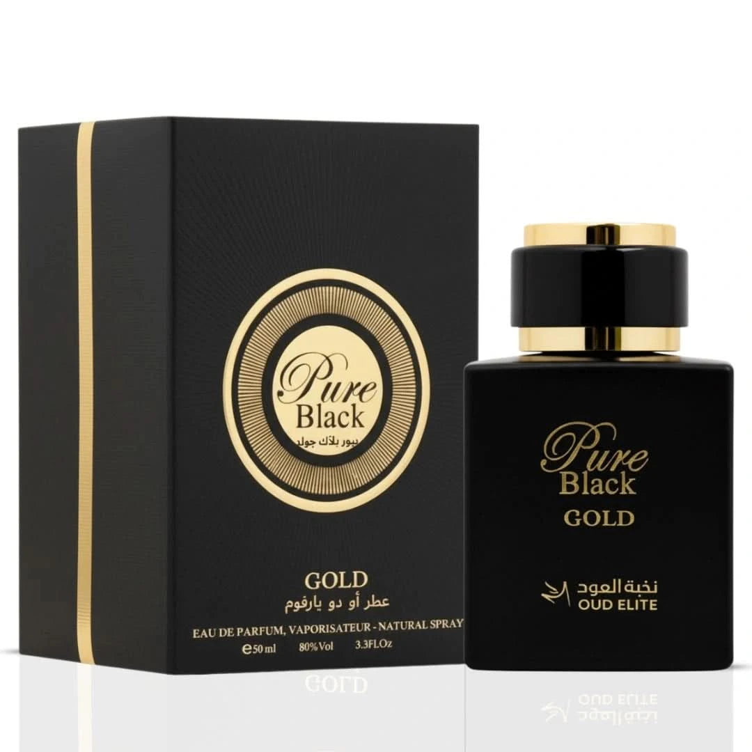 Pure Black Gold Eau de Parfum Spray by Oud Elite, 100ml bottle with elegant black and gold packaging.