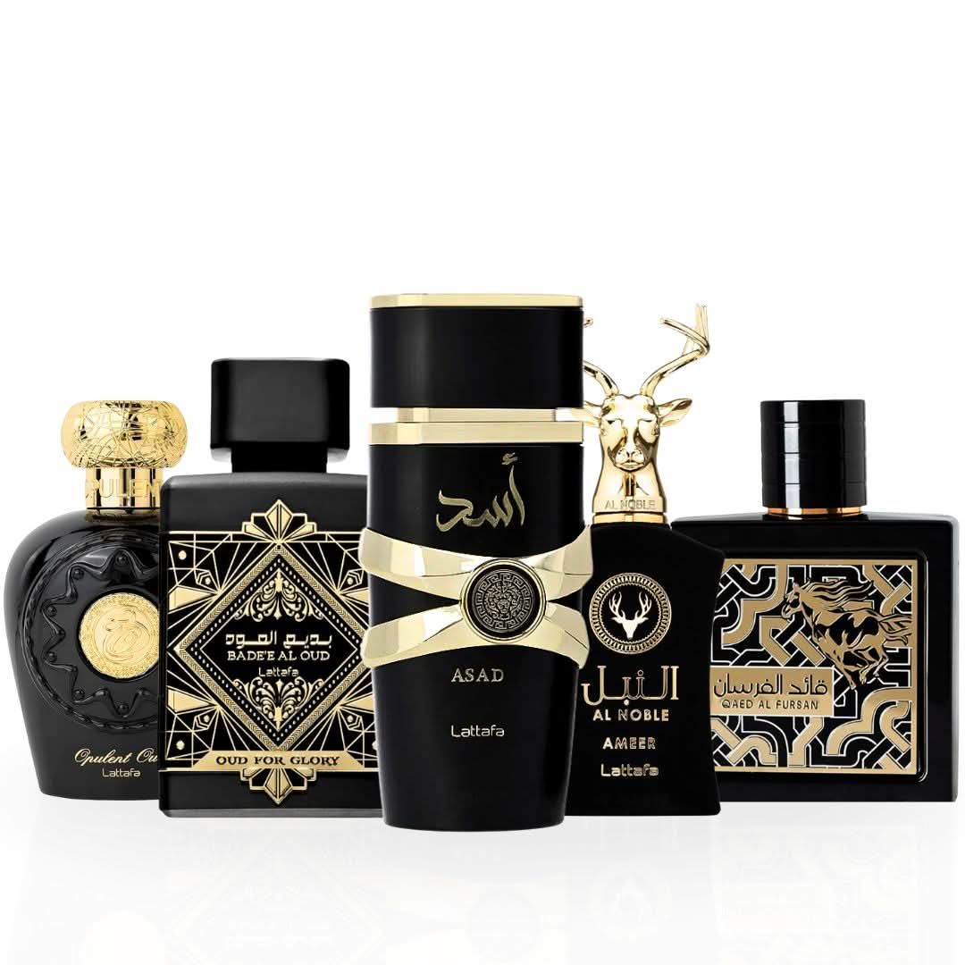 Set of five Lattafa Bold & Luxurious Collection Eau de Parfum sprays, 100ml each, featuring elegant perfume bottles.
