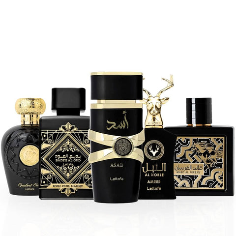Set of five Lattafa Bold & Luxurious Collection Eau de Parfum sprays, 100ml each, featuring elegant perfume bottles.
