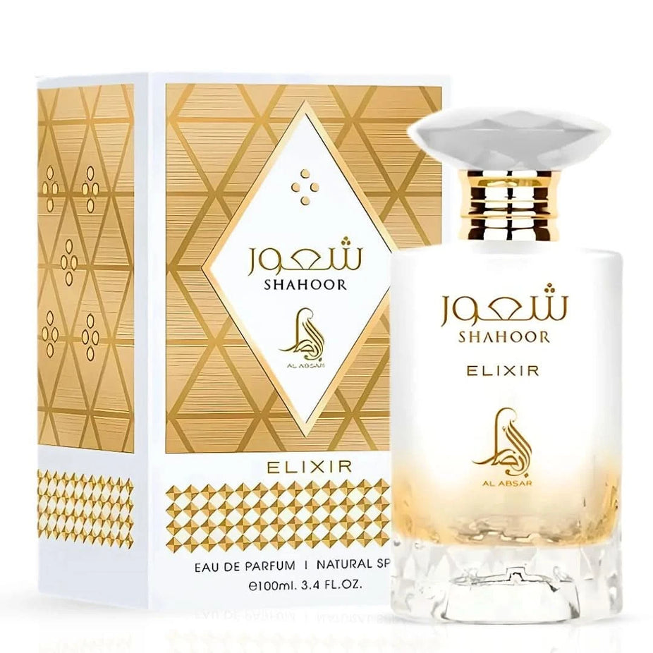 Shahoor Elixir Eau de Parfum spray by Al Absar, 100ml bottle with elegant packaging and floral fragrance design.