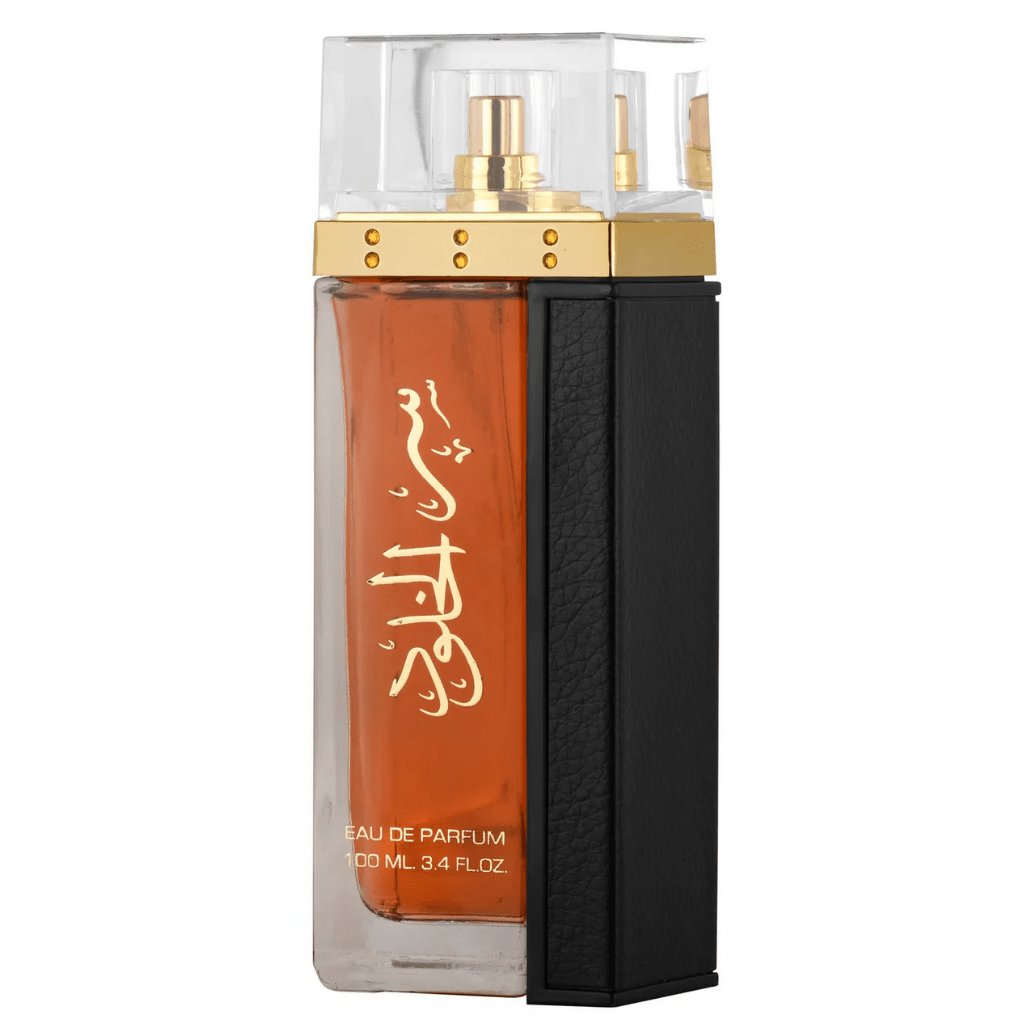Lattafa Ser Al Khulood Gold Eau de Parfum spray 100ml with velvet pouch, featuring elegant gold bottle and luxurious fragrance.