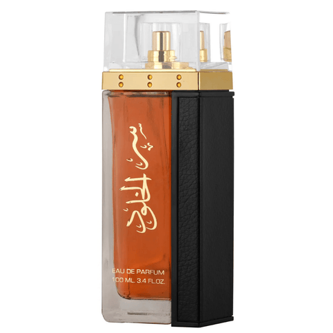 Lattafa Ser Al Khulood Gold Eau de Parfum spray 100ml with velvet pouch, featuring elegant gold bottle and luxurious fragrance.
