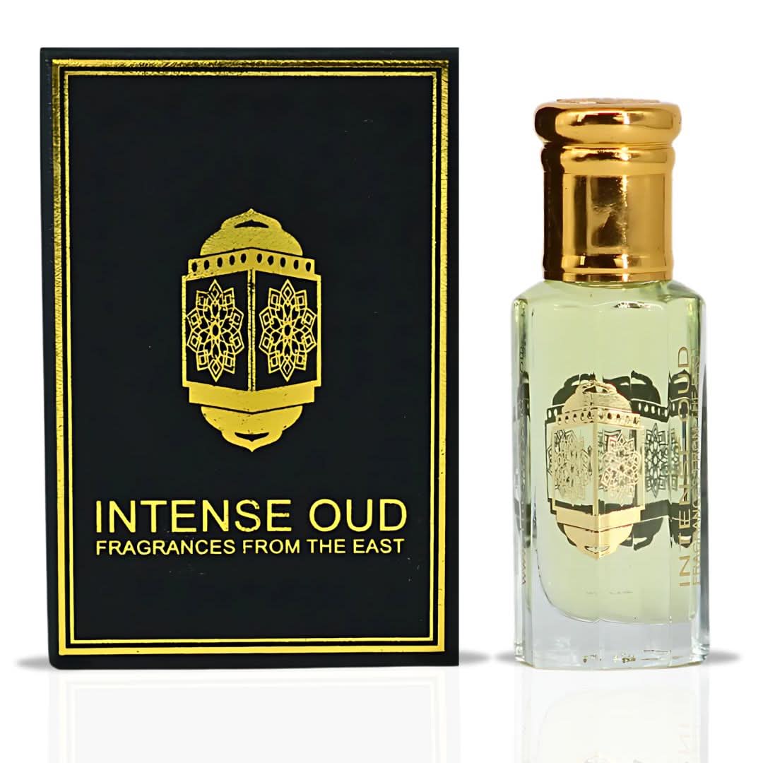 Intense Oud Emperor Perfume Oil 12ml with black gift box, featuring a sleek glass bottle of loose perfume oil.