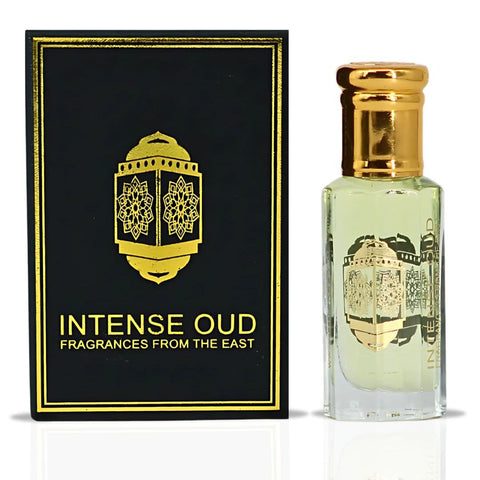 Intense Oud Emperor Perfume Oil 12ml with black gift box, featuring a sleek glass bottle of loose perfume oil.
