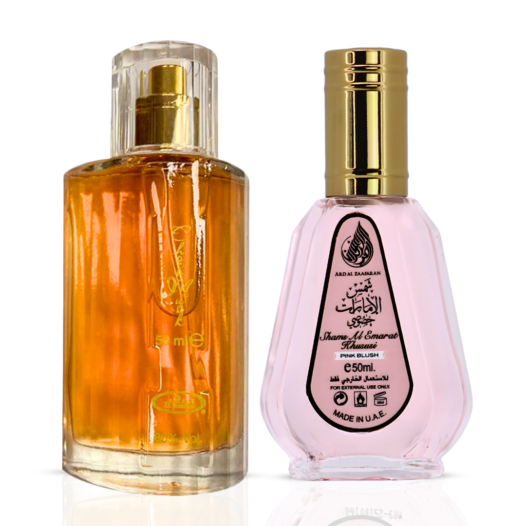 Choco Musk Eau de Parfum Spray 50ml by Al Rehab & Pink Blush Shams Al Emarat Khususi Eau de Parfum Spray 50ml (1.7 oz) by Ard Al Zaafaran (Bundle)