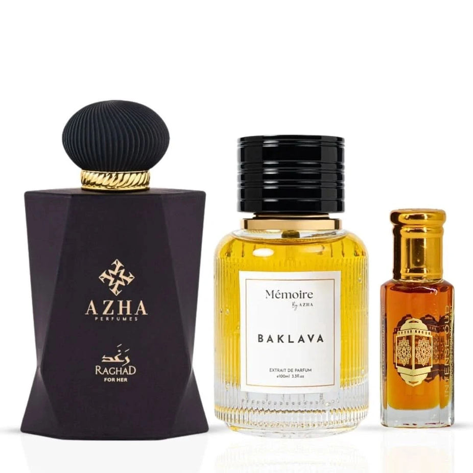 AZHA perfume bundle featuring Raghad Eau de Parfum spray, Baklava extrait de parfum, and Intense Oud loose oil in 12ml bottles.