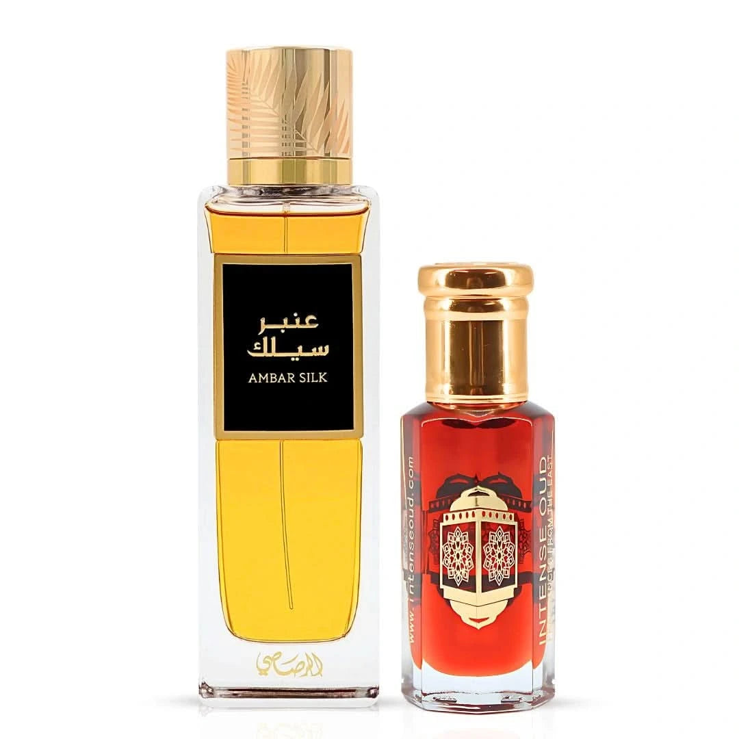 Rasasi Ambar Silk Eau de Parfum 200ML and Gold Saffron Perfume Oil 12ML duo bundle featuring warm spice and elegant fragrances.