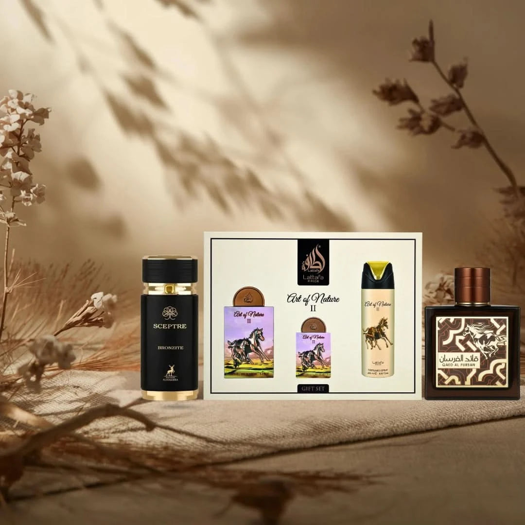 Lattafa men's fragrance bundle featuring Sceptre Bronzite and Qaed Al Fursan Eau de Parfum sprays with Art of Nature II gift set.