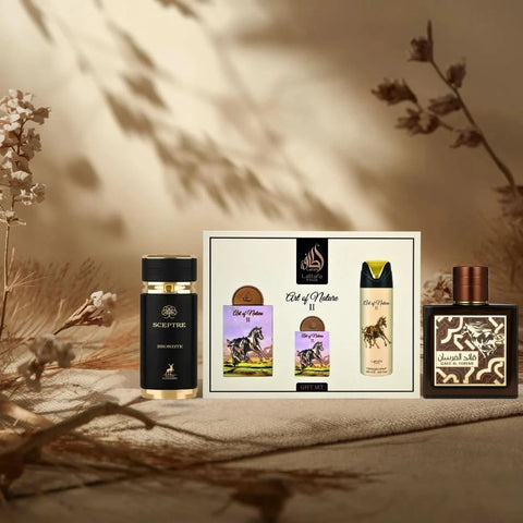 Lattafa men's fragrance bundle featuring Sceptre Bronzite and Qaed Al Fursan Eau de Parfum sprays with Art of Nature II gift set.