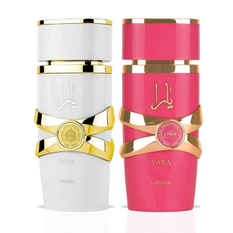 Bundle of Lattafa Yara Candy and Yara Moi Eau de Parfum sprays in 100ml bottles, featuring sleek glass containers and spray nozzles.