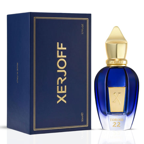 Xerjoff Torino22 Eau de Parfum spray bottle, 50ml, with elegant packaging and sleek design visible in the image.
