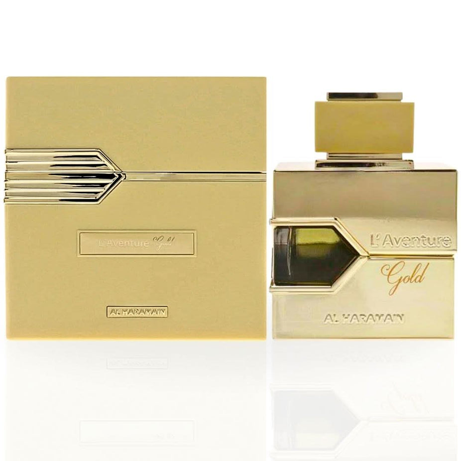 Al Haramain L'Aventure Gold EDP spray 100ML with floral, refreshing scent, showcasing the luxurious feminine perfume bottle.