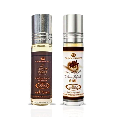 Al Rehab Choco Musk and French Coffee perfume oils bundle in 6ml bottles, featuring rich chocolate musk and coffee scents.