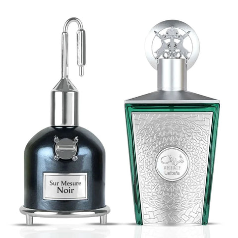 Lattafa Sur Mesure Noir & Sherif Eau de Parfum sprays in 100ml bottles, featuring elegant black and gold packaging.