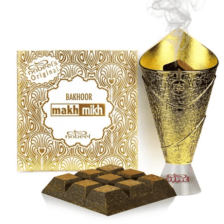 Nabeel Bakhoor Makh Mikh in 40g, traditional fragrant incense brick with intricate design on packaging.