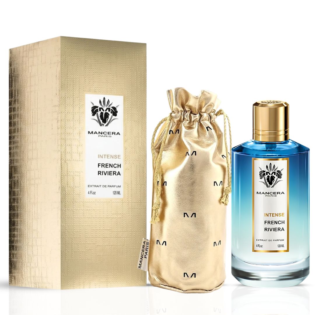 Mancera Intense French Riviera Extrait de Parfum Spray 120ml bottle, elegant fragrance with a luxurious design.