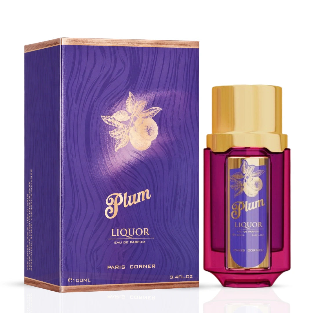 Paris Corner Plum Liquor Eau de Parfum Spray 100ml, elegant bottle featuring the rich, fruity scent of plum in a sophisticated design.