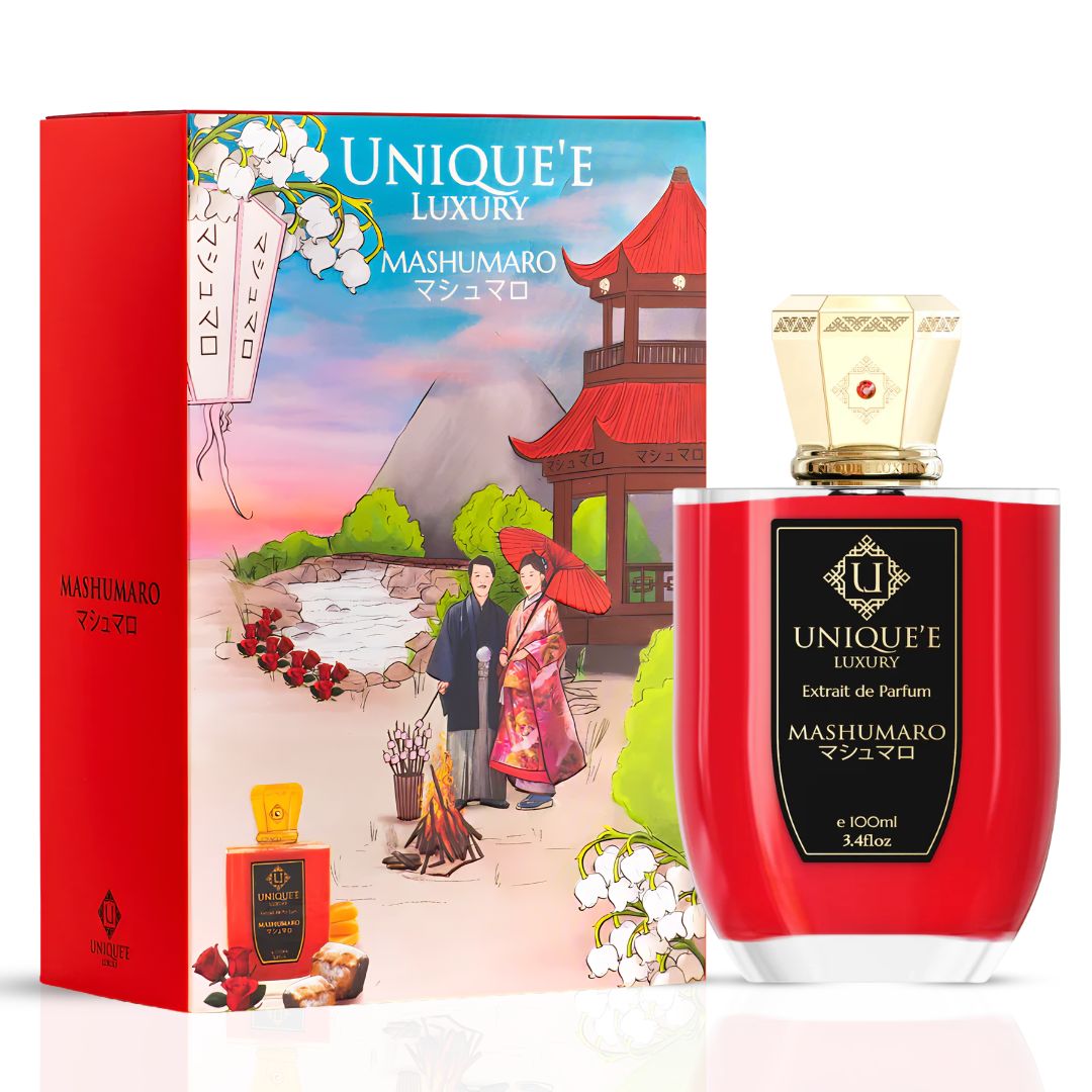 Unique'e Luxury Mashumaro Extrait de Parfum 100ml EDP bottle with elegant design on a neutral background.