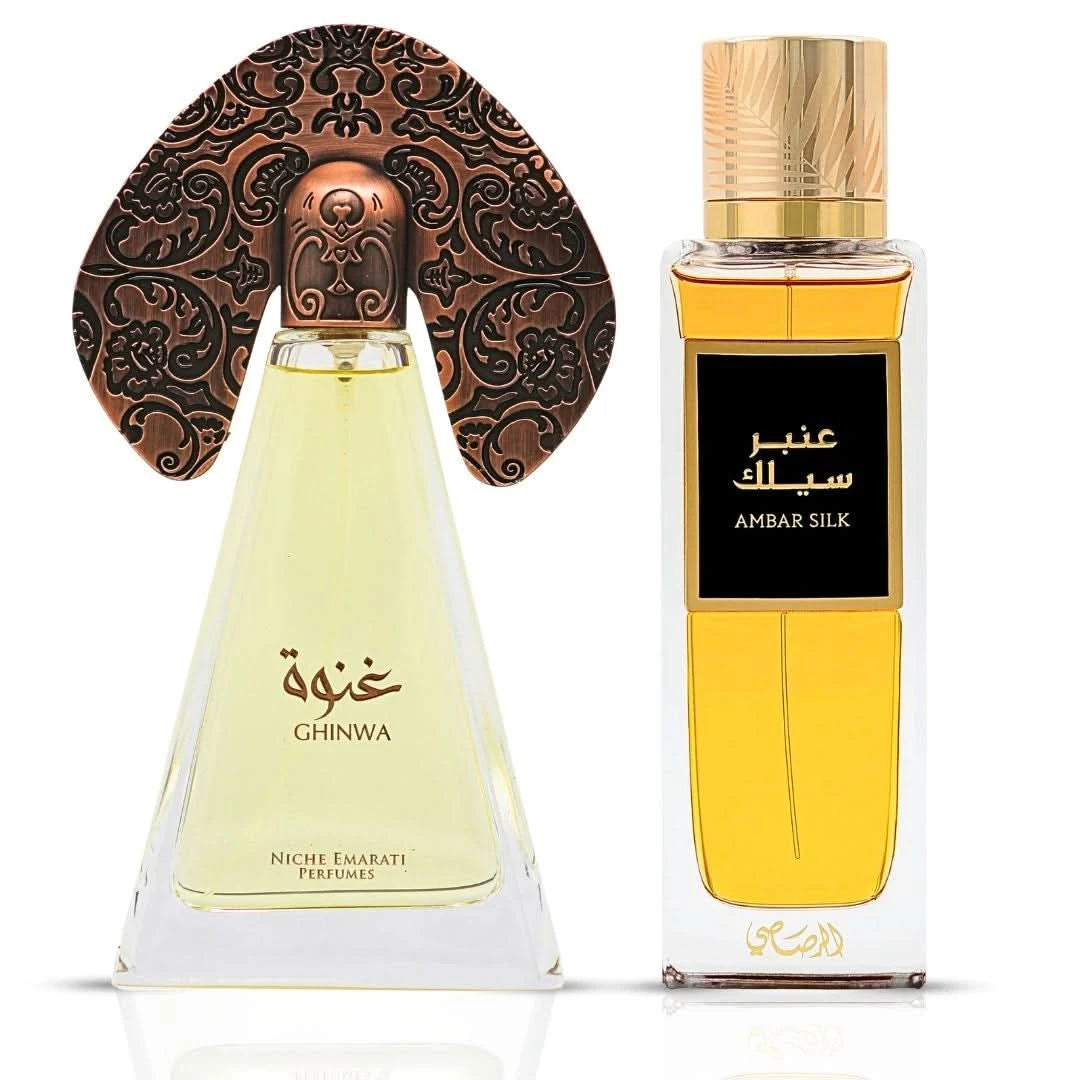 Bundle of Lattafa Niche Emarati Ghinwa 100ml and Rasasi Ambar Silk 200ml Eau de Parfum sprays, showcasing their elegant bottles.