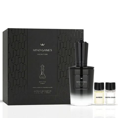 Mind Games Mentor Extrait de Parfum 100ml EDP bottle with sleek design, showcasing the luxurious fragrance packaging.