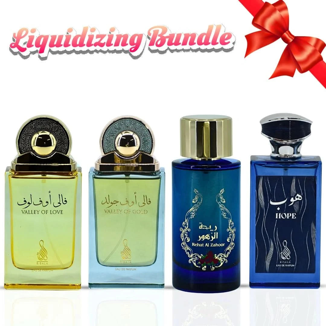 RISALA bundle of four 100ml Eau de Parfum sprays including Valley of Love, Valley of Gold, Rehat Al Zahoor, and Hope.
