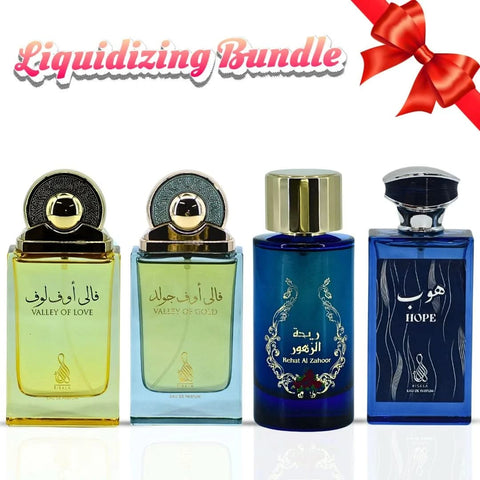 RISALA bundle of four 100ml Eau de Parfum sprays including Valley of Love, Valley of Gold, Rehat Al Zahoor, and Hope.